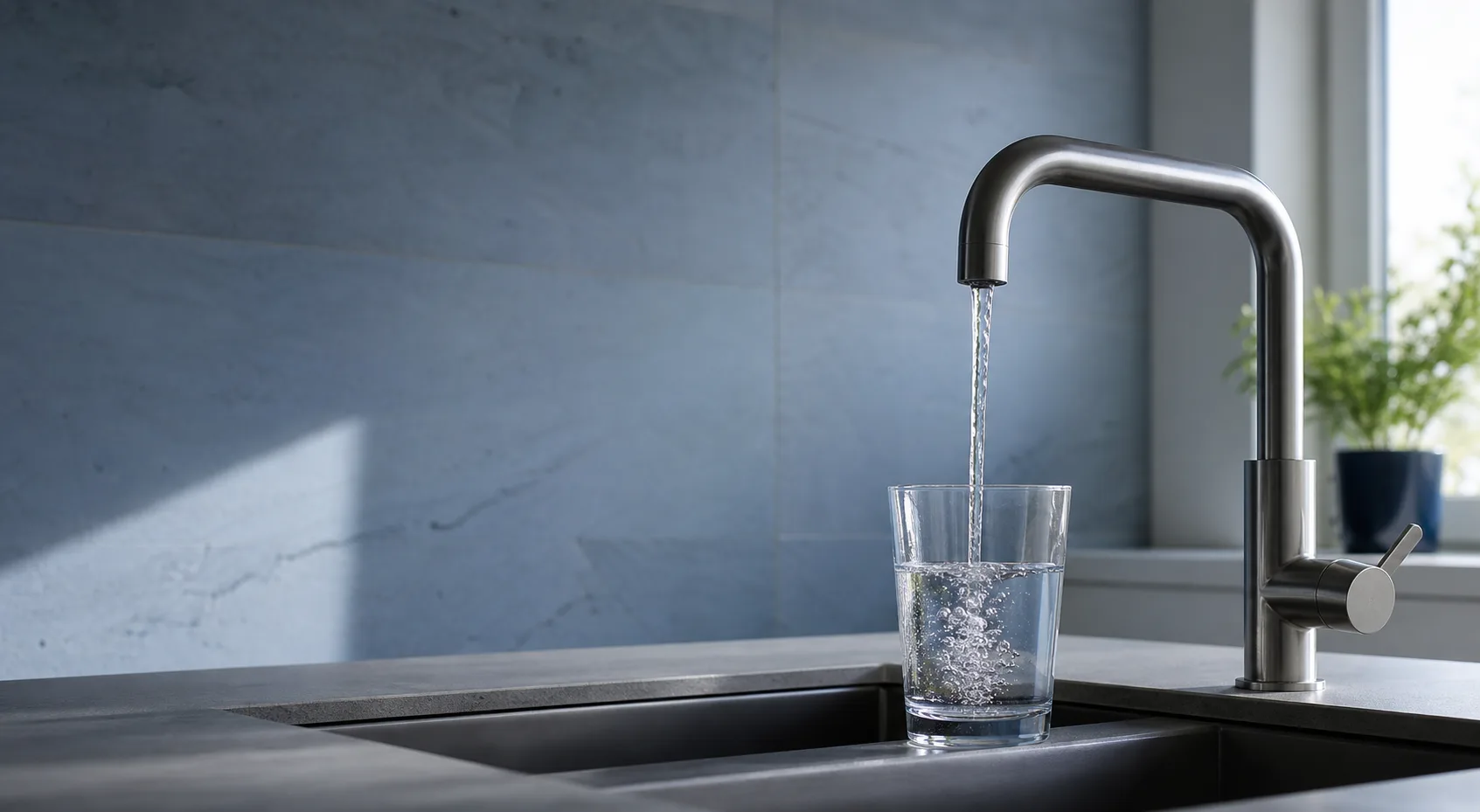 Klarer Wasserstrahl aus einer modernen Armatur in ein Glas